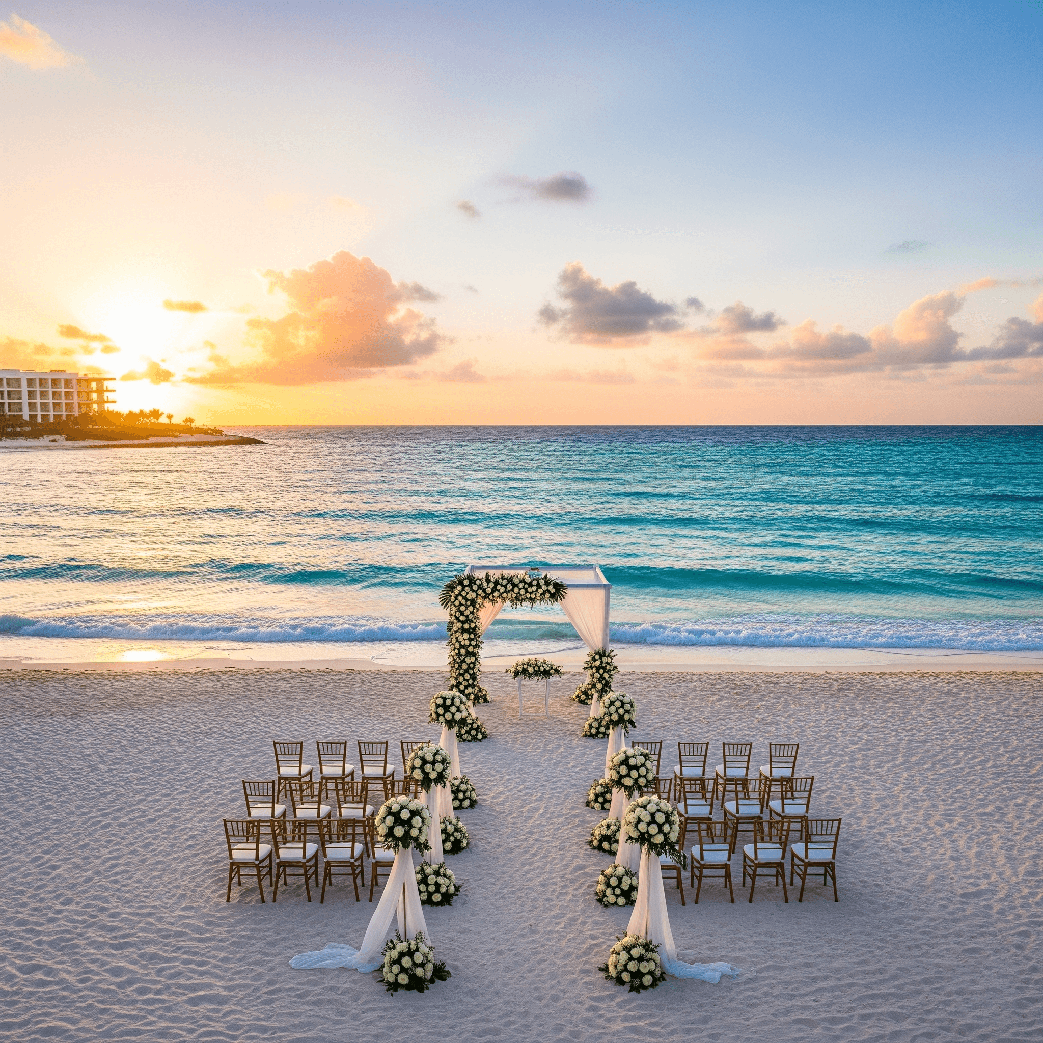Sunset Cancun Destination Wedding-beach ceremony set up