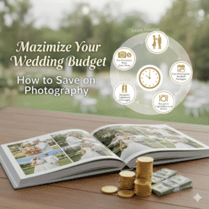 Libro de fotos de bodas de destino abierto con un diagrama de línea de tiempo inteligente y dinero, ilustrando cómo los fotógrafos de bodas de destino ofrecen ahorros en fotografía con una planificación eficiente.