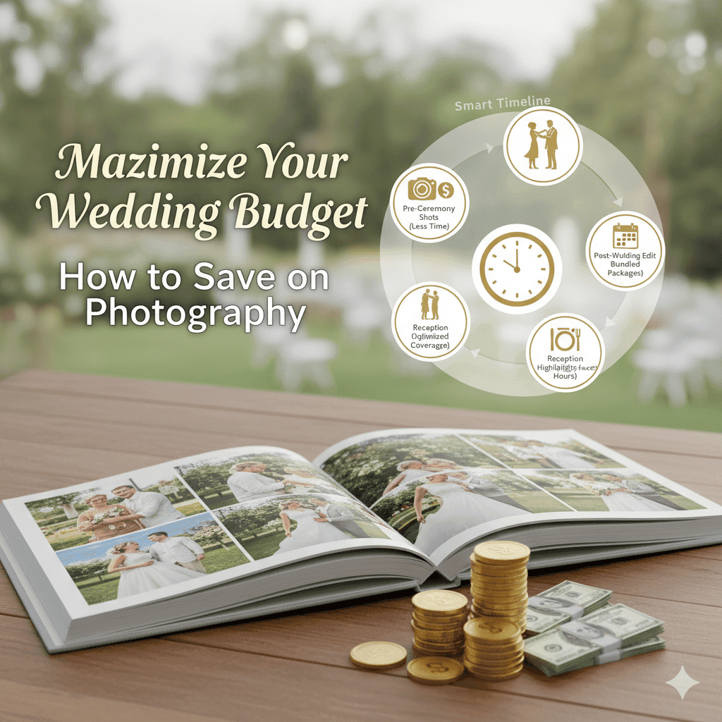 Libro de fotos de bodas de destino abierto con un diagrama de línea de tiempo inteligente y dinero, ilustrando cómo los fotógrafos de bodas de destino ofrecen ahorros en fotografía con una planificación eficiente.
